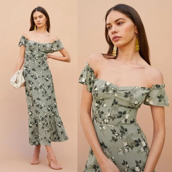 Reformation Dresses & Skirts - Reformation | Butterfly Floral Sweetheart‎ Neckline Midi Dress in Verde Green
